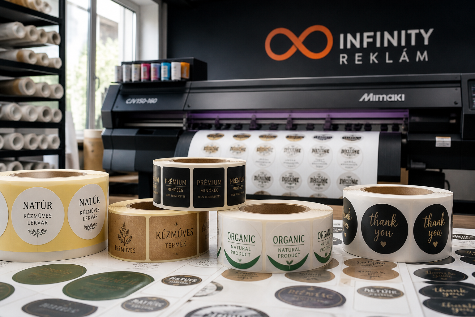Fotórealisztikus, professzionális kép egy magyar nagyformátumú nyomda/reklámstúdió (Infinity Reklám) blogcikkéhez. Téma: Hol rendelhetek egyedi matricát és címkét nagy mennyiségben Magyarországon?. Modern, valódi munkakörnyezetet vagy terméket ábrázoljon, NE legyen sablonos ikon-kollázs vagy absztrakt illusztráció — valós fotó hatását keltse, természetes fényviszonyokkal.